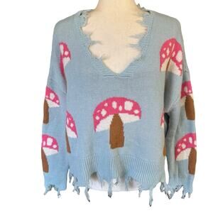 Just Polly Juniors' Mushroom-Print Distressed-Edge Sweater M Blue Fairy Whimsy